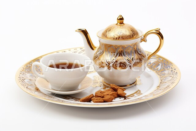 منتجات عربية محلية وطنية, الأصالة والتراث في المملكة العربية السعودية, الأعياد والمناسبات الدينية، العادات والتقاليد القديمة, بورتريه مقرب لابريق وفنجان من القهوة العربية مع اللوز، حسن الاستقبال وإكرام الضيوف, الاستمتاع بالمشروبات الساخنة, خلفية بيضاء