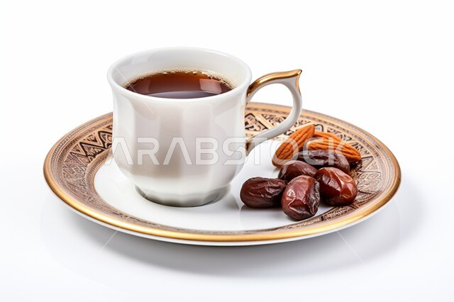 العادات العربية القديمة في تقديم القهوة, جودة المنتجات المحلية الوطنية, بورتريه مقرب لفنجان القهوة السوداء مع التمر واللوز، الاستمتاع بالمشروبات الساخنة, حسن الضيافه وكرم الإستقبال في المملكة العربية السعودية، خلفية بيضاء