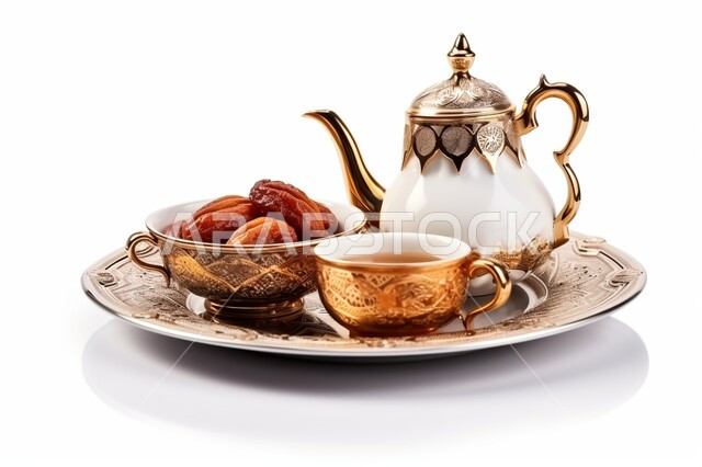 Enjoying hot drinks, a close-up portrait of a jug and a cup of Arabic coffee with healthy sugary dates, national local Arab products, authenticity and heritage in the Kingdom of Saudi Arabia, ancient religious customs and traditions, good reception and honoring of guests, white background