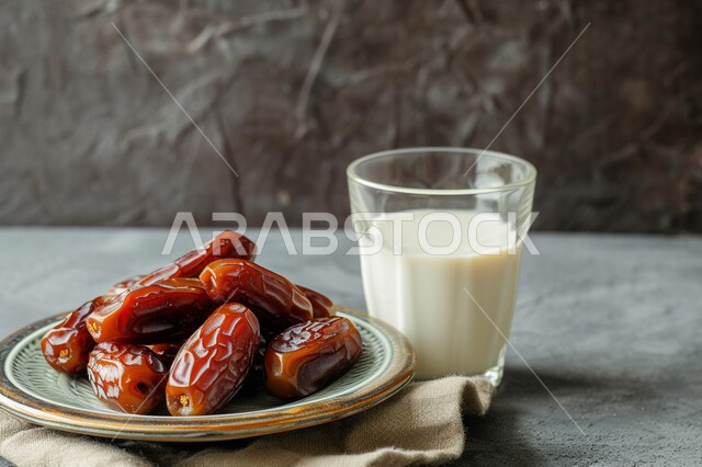 وجبة فطور رمضاني صحي، طعام ذات قيمة غذائية عالية، صورة مقربة لطبق من التمر السكري مع كأس من الحليب، انواع من التمور اللذيذة، حسن الضيافه وكرم الإستقبال في المملكة العربية السعودية، الأعياد والمناسبات الدينية