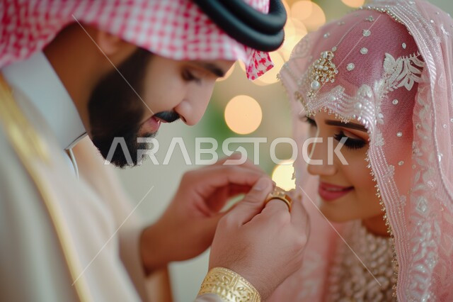 مفهوم الاستقرار وتكوين الأسرة, الأناقة والاهتمام بالمظهر الخارجي,  صورة مقربة لعريس وعروسة عرب خليجيين سعوديين في قاعة الزفاف بإطلالة متألقة، ايماءات السرور والسعادة، الأضواء اللامعة المتميزة في المناسبات والأفراح الخاصة
