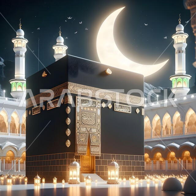 المسجد الحرام المزين بالفوانيس المضيئة، صورة مقربة للكعبة المشرفة في مكة المكرمة ليلا، استقبال شهر رمضان المبارك، ديكورات وأنوار وأجواء رمضانية، مناسبات واحتفالات دينية إسلامية