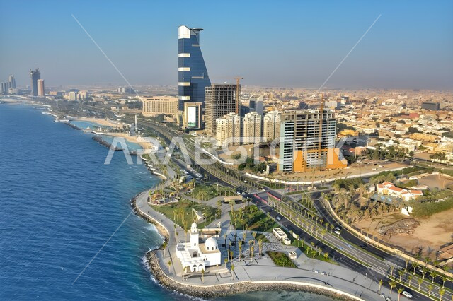 الفن الهندسي المعماري لمبنى برج الكورنيش في مدينة جدة, الأماكن والمعالم السياحية المشهورة في المملكة العربية السعودية، واجهة جدة البحرية على سواحل البحر الأحمر, المناظر الطبيعية المائية المتميزة, الأبراج وناطحات السحاب في المدينة الساحلية