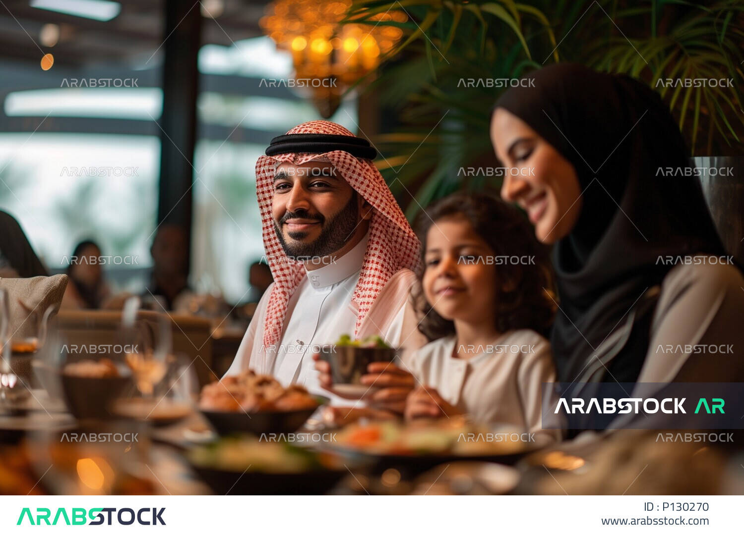 A Saudi family sitting in a restaurant decorated with Ramadan decorations, the family gathering for a luxurious Ramadan dinner abroad, a dining table full of varieties of delicious food and appetizers, an Arab Gulf Emirati family enjoying breakfast in the holy month of Ramadan, a religious family atmosphere