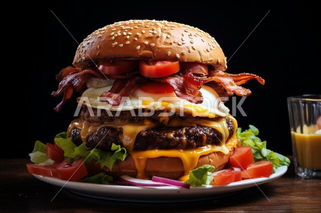 ساندوتش البرجر بقطع اللحم المشوية وشرائح الجبن الذائبة مع الخضراوات الطازجة, وصفات الطعام السريعة غير الصحية، وجبات غذائية شهية، مطاعم المأكولات الغربية في المملكة العربية السعودية، خلفية سوداء