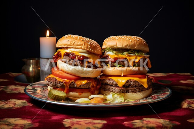 وجبات غذائية شهية، قطعتان من ساندوتش البرجر بقطع اللحم المشوية وشرائح الجبن الذائبة مع الخضراوات الطازجة,مطاعم المأكولات الغربية في المملكة العربية السعودية،  وصفات الطعام السريعة غير الصحية، خلفية سوداء