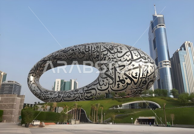 رؤيه مستقبيله متميزة, مناطق جذب واستقطاب السائحين، صورة مقربة لمتحف المستقبل البيضوي الفريد في مدينة دبي, معالم مشهورة في الإمارات العربيه المتحده, التصميم الهندسي المعماري على الطراز الحديث