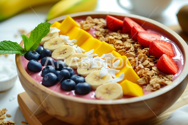 الاستمتاع بالسناكات المغذية والمفيدة، مشروبات باردة وعصائر طبيعية لذيذة، وجبات صحية ذات قيمة غذائية عالية، وعاء من خليط الكوكتيل المنعش المزين بقطع الفواكه الطازجة والشوفان