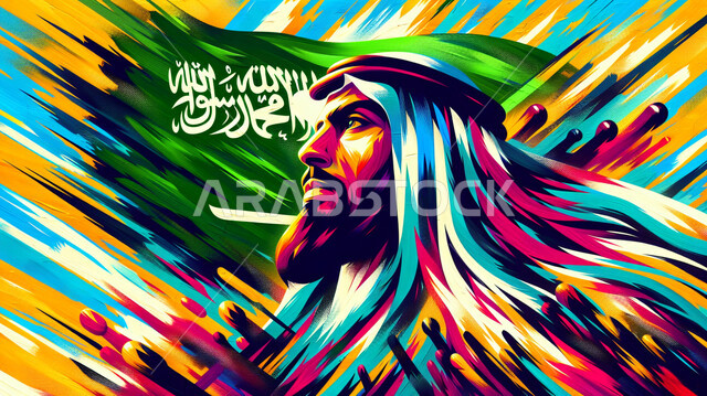 الاحتفال بيوم العلم السعودي 11 مارس، إحياء ذكرى اليوم الوطني السعودي 23 سبتمبر، لوحة فنية بألوان الاكريليك لشعار وراية التوحيد والإسلام, رجل عربي سعودي خليجي يرتدي العقال والشماغ, فن الرسم والتلوين بالألوان الزيتيه والمائيه