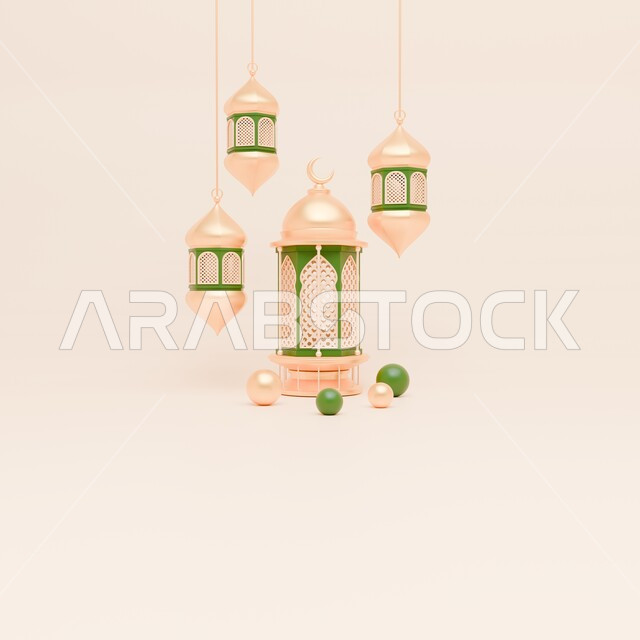 الاستعداد لاستقبال الشهر الفضيل، فوانيس معدنية معلقة بتصاميم مميزة في الأجواء الرمضانية الروحانية، تحف واكسسوارات وزينة شهر الخير، مصباح عربي تقليدي مزخرف، مفهوم الاحتفال الإسلامي بشهر رمضان الكريم، خلفية بيج