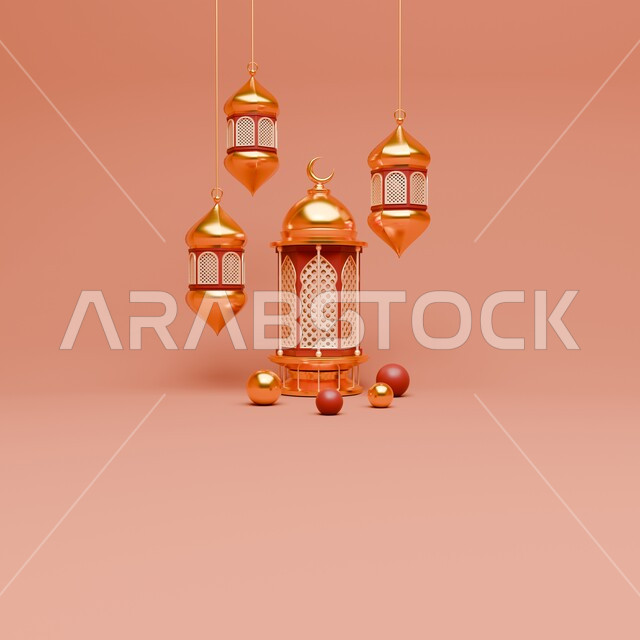 فوانيس معدنية معلقة بتصاميم مميزة في الأجواء الرمضانية الروحانية، تحف واكسسوارات وزينة شهر الخير، مصباح عربي تقليدي مزخرف، الاستعداد لاستقبال الشهر الفضيل، مفهوم الاحتفال الإسلامي بشهر رمضان الكريم، خلفية وردية