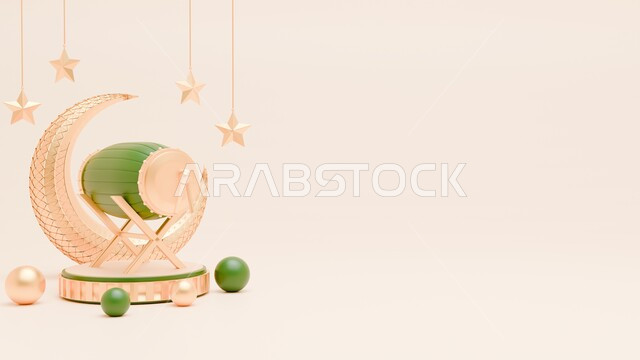 The concept of Islamic celebration, distinctive designs for the crescent of the blessed month of Ramadan in the spiritual Ramadan atmosphere, antiques, accessories and decorations for the month of goodness, preparation to welcome the holy days, beige background