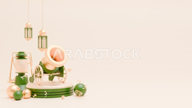 The spiritual Ramadan atmosphere, antiques, accessories and decorations for the month of goodness, the concept of the Islamic celebration, distinctive designs for the iftar cannon for the holy month of Ramadan with metal lanterns, preparing to receive the holy days, beige background