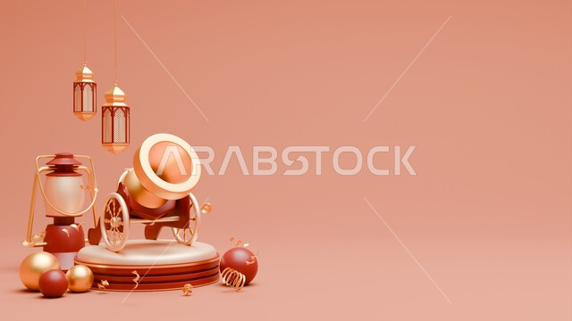 تصاميم مميزة لمدفع افطار شهر رمضان المبارك مع فوانيس معدنية ،الأجواء الرمضانية الروحانية، تحف واكسسوارات وزينة شهر الخير، مفهوم الاحتفال الإسلامي ،الاستعداد لاستقبال الايام الفضيلة، خلفية وردية