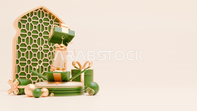 The spiritual atmosphere of Ramadan, antiques, accessories and decorations for the month of goodness, 3D designs in green for gifts and lanterns for the holy month of Ramadan, the concept of Islamic celebration, preparation to receive the holy days, beige background