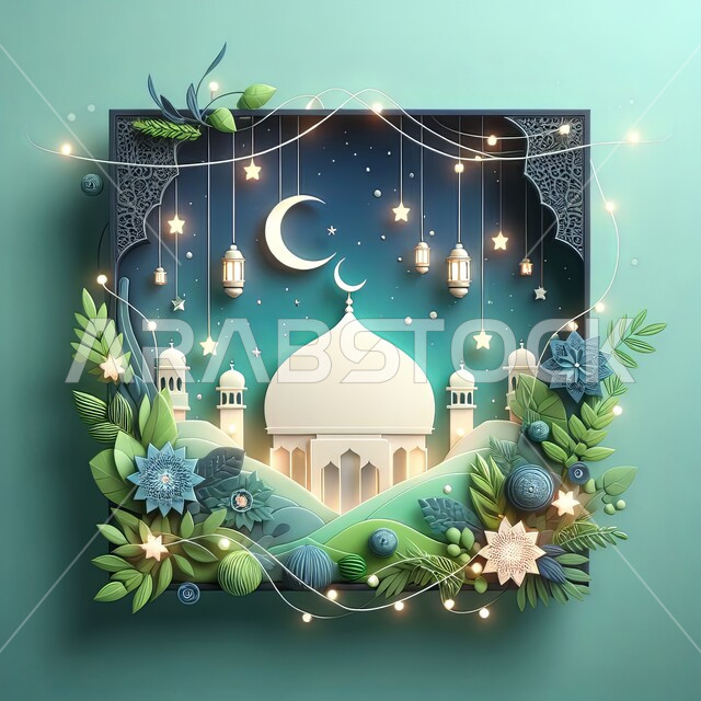 مناسبات وأعياد دينية إسلامية، مجسم ثلاثي الأبعاد لمسجد وهلال بتصاميم وديكورات متميزة داخل اطار مزين بالورود، الاحتفال بقدوم  شهر رمضان المبارك، هلال وفوانيس معلقة مضيئة، خلفية زرقاء