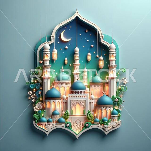 زخارف ونقوش وفوانيس معلقة مضيئة، مجسم ثلاثي الأبعاد لمسجد وهلال بتصاميم وديكورات متميزة، الاحتفال بقدوم  شهر رمضان المبارك، مناسبات وأعياد دينية إسلامية، خلفية زرقاء
