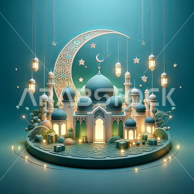 Islamic religious occasions and holidays, a three-dimensional model of a mosque and a crescent with distinct designs and decorations on a circular base, celebrating the advent of the holy month of Ramadan, a crescent and illuminated hanging lanterns, a blue background
