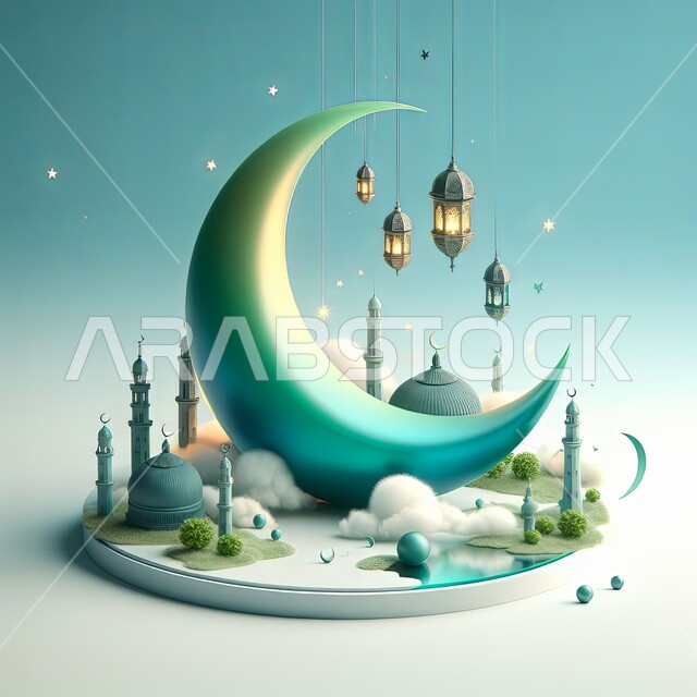 الاحتفال بقدوم  شهر رمضان المبارك، مجسم ثلاثي الأبعاد لهلال بتصاميم وديكورات متميزة على قاعدة دائرية، فوانيس معلقة مضيئة، مآذن وقبب وشجيرات، مناسبات وأعياد دينية إسلامية، خلفية زرقاء