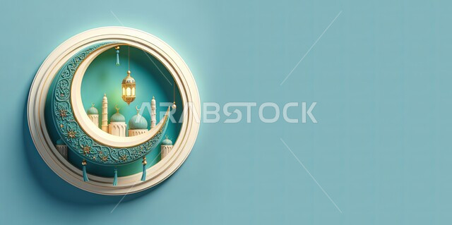 الاحتفال بقدوم  شهر رمضان المبارك، مجسم ثلاثي الأبعاد لمسجد وهلال بتصاميم وديكورات متميزة داخل اطار دائري، زينة وفوانيس معلقة مضيئة، مناسبات وأعياد دينية إسلامية، خلفية زرقاء