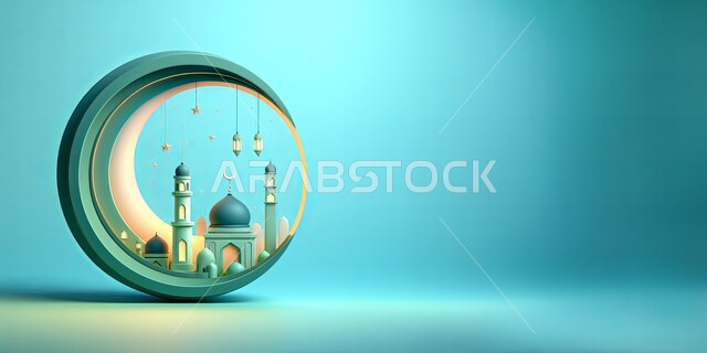 A three-dimensional model of a crescent with a mosque inside it, with distinct designs and decorations, celebrating the advent of the holy month of Ramadan, decorations and illuminated hanging lanterns, Islamic religious occasions and holidays, blue background