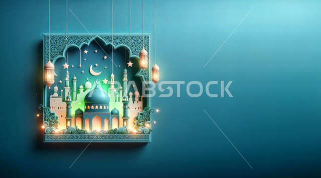 مجسم ثلاثي الأبعاد لمسجد بتصاميم وديكورات متميزة، الاحتفال بقدوم  شهر رمضان المبارك، هلال وفوانيس معلقة مضيئة، مناسبات وأعياد دينية إسلامية، خلفية زرقاء