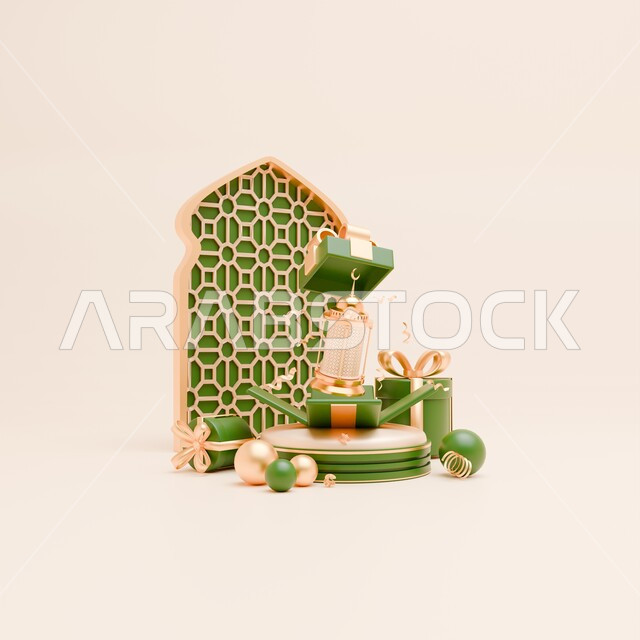 مفهوم الاحتفال الإسلامي ،الأجواء الروحانية الرمضانية، تحف واكسسوارات وزينة شهر الخير، تصاميم ثري دي باللون الاخضر لهدايا وفوانيس شهر رمضان المبارك ،الاستعداد لاستقبال الايام الفضيلة، خلفية بيج