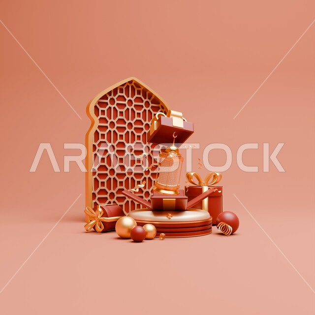 اكسسوارات وزينة وتحف شهر الخير، تصاميم ثري دي لهدايا وفوانيس شهر رمضان المبارك ،الأجواء الرمضانية الروحانية، مفهوم الاحتفال الإسلامي ،الاستعداد لاستقبال الايام الفضيلة، خلفية وردية
