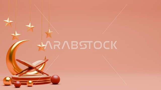 تصاميم ثري دي لهلال شهر رمضان المبارك والمصحف الشريف، تحف واكسسوارات وزينة شهر الخير، مفهوم الاحتفال الإسلامي ،الأجواء الرمضانية الروحانية، الاستعداد لاستقبال الايام الفضيلة، خلفية وردية