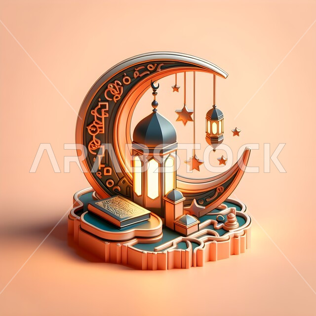 مناسبات وأعياد دينية إسلامية، مجسم ثلاثي الأبعاد لهلال بتصاميم وديكورات متميزةعلى قاعدة مزخرفة، الاحتفال بقدوم  شهر رمضان المبارك، نجوموفوانيس معلقة مضيئة، ايقونة القرآن الكريم، خلفية ملونة