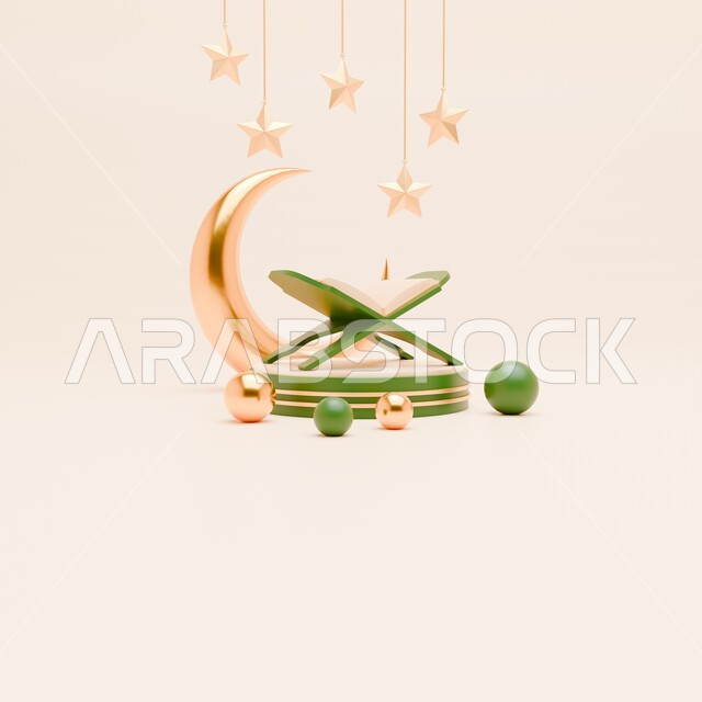 The spiritual Ramadan atmosphere, preparation to welcome the holy days, 3D designs of the crescent of the blessed month of Ramadan and the Holy Qur’an, antiques, accessories and decorations for the month of goodness, the concept of Islamic celebration, beige background