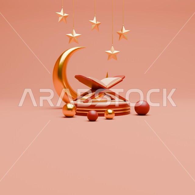 الاستعداد لاستقبال الايام الفضيلة، تصاميم ثري دي لهلال شهر رمضان المبارك والمصحف الشريف، تحف واكسسوارات وزينة شهر الخير، مفهوم الاحتفال الإسلامي ،الأجواء الرمضانية الروحانية، خلفية وردية