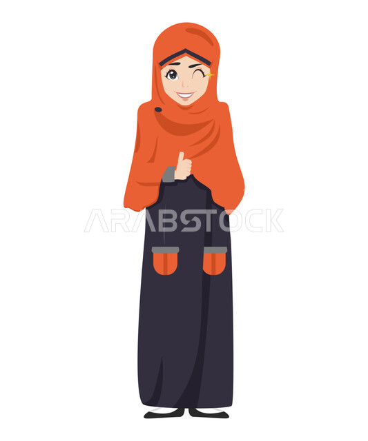 Pleasure, joy and happiness, 3D illustrations of a veiled Saudi Arabian Gulf girl wearing a black abaya, looking at the camera, raising a thumb up with a quality sign, gestures of satisfaction and acceptance, full-length body portrait, white background