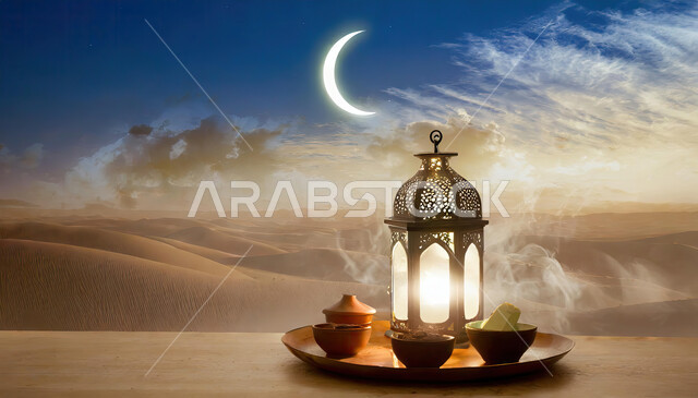 الاستعداد لقدوم شهر الخير والبركة، فانوس معدني تقليدي مضيء على الرمال الناعمة الذهبية ، خلفية هلال شهر رمضان في الأماكن الصحراوية ،أجواء رمضانية روحانية، أعياد ومناسبات دينية