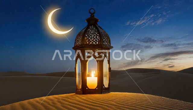 فانوس معدني تقليدي مضيء على الرمال الناعمة الذهبية ، خلفية هلال شهر رمضان في الأماكن الصحراوية ،الاستعداد لقدوم شهر الخير والبركة، أجواء رمضانية روحانية، أعياد ومناسبات دينية