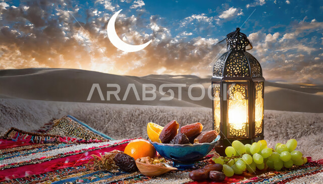 خلفية هلال شهر رمضان في الأماكن الصحراوية ،الاستعداد لقدوم شهر الخير والبركة، فانوس معدني تقليدي مضيء مع اطباق متنوعه من الاغذية الصحية و حبات التمر الطازجة ،أجواء رمضانية روحانية، أعياد ومناسبات دينية