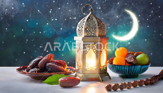 Preparing for the coming of the month of goodness and blessings, a traditional metal lantern illuminated with various dishes of healthy foods and fresh dates, a spiritual Ramadan atmosphere, religious holidays and occasions, a background of the Ramadan crescent in the sky.
