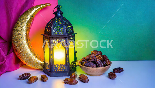  أعياد ومناسبات دينية ،تصاميم ثري دي لهلال شهر رمضان المبارك ،فانوس معدني تقليدي مضيء مع طبق من حبات التمر الطازجة ،أجواء رمضانية روحانية، الاستعداد لاستقبال شهر الخير والبركة، خلفية ملونة