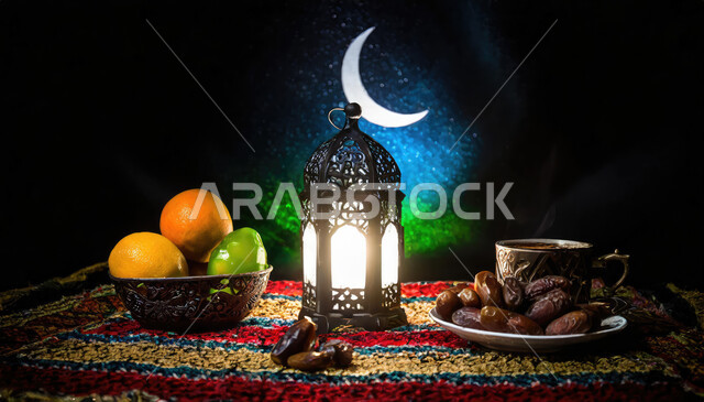 مناسبات وأعياد دينية إسلامية، صورة مقربة فانوس معدني تقليدي مضيء مع طبق من حبات التمر و فاكهة البرتقال الطازجة، الاستعداد لاستقبال شهر رمضان المبارك، أجواء رمضانية روحانية، خلفية هلال شهر الخير والبركة