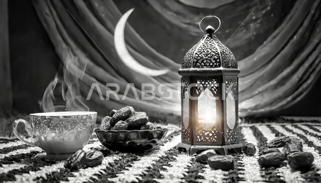 أجواء رمضانية روحانية، هلال شهر رمضان المبارك ,أعياد ومناسبات دينية ،صورة بالابيض والاسود لفانوس معدني تقليدي مضيء مع طبق من حبات التمر الطازجة وفنجان من المشروبات الساخنه ،الاستعداد لاستقبال شهر الخير والبركة