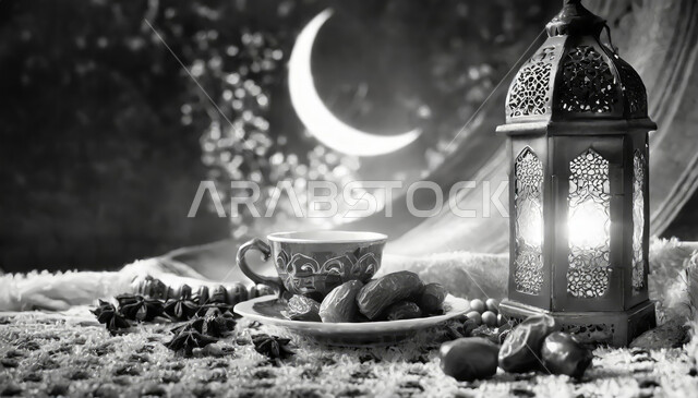 هلال شهر رمضان المبارك ,أعياد ومناسبات دينية ،صورة بالابيض والاسود لفانوس معدني تقليدي مضيء مع طبق من حبات التمر الطازجة وفنجان من المشروبات الساخنه ،أجواء رمضانية روحانية، الاستعداد لاستقبال شهر الخير والبركة، خلفية ملونة