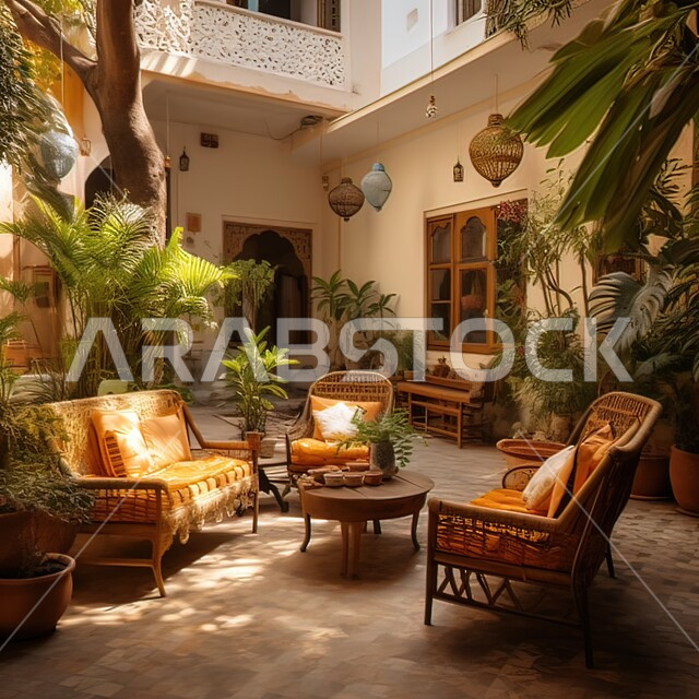 Architectural engineering arts for residential apartments and villas, interest in planting green plants and trees in the garden of a luxury residential complex, distinctive modern designs for outdoor seating, nature background