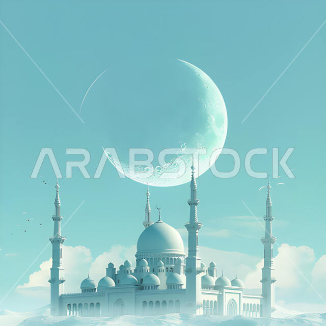 منظر السماء الزرقاء مع هلال شهر رمضان ,العباده والتقرب إلى الله, تصاميم ثري دي للقبب و المآذن على الطراز الإسلامي العصري الحديث، الفن الهندسي المعماري لمسجد ابيض، دعوة المسلمين إلى الصلاه وأداء الفرائض الدينية