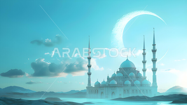 Worship and getting closer to God, 3D designs for domes and minarets in the modern Islamic style, the architectural engineering art of a white mosque, calling Muslims to prayer and performing religious duties, the view of the blue sky with the crescent of the month of Ramadan