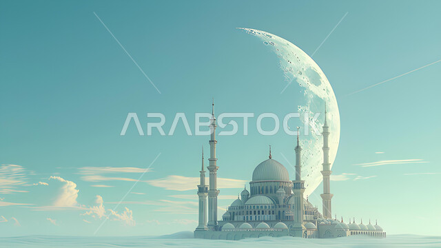 الفن الهندسي المعماري لمسجد ابيض، العباده والتقرب إلى الله, دعوة المسلمين إلى الصلاه وأداء الفرائض الدينية, تصاميم ثري دي للقبب و المآذن على الطراز الإسلامي العصري الحديث،  منظر السماء الزرقاء مع هلال شهر رمضان