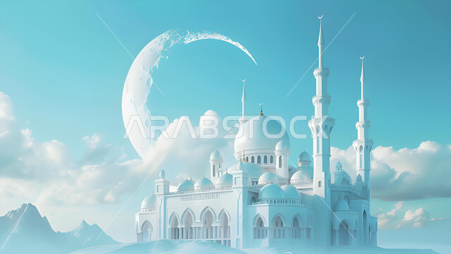  العباده والتقرب إلى الله, دعوة المسلمين إلى الصلاه وأداء الفرائض الدينية, تصاميم ثلاثية الابعاد للقبب و المآذن على الطراز الإسلامي العصري الحديث، الفن الهندسي المعماري لمسجد ابيض، منظر السماء الزرقاء مع هلال شهر رمضان