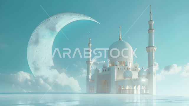 منظر السماء الزرقاء مع هلال شهر رمضان ,تصاميم ثلاثية الابعاد للقبب و المآذن على الطراز الإسلامي العصري الحديث، دعوة المسلمين إلى الصلاه وأداء الفرائض الدينية, الفن الهندسي المعماري لمسجد ابيض، العباده والتقرب إلى الله