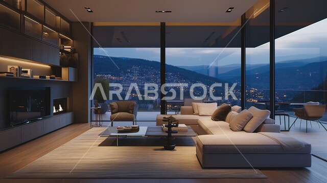 Modern antiques and accessories for decoration, huge glass facades overlooking the city, modern interiors, living room in a residential apartment with luxurious designs, classic furniture with beige sofas