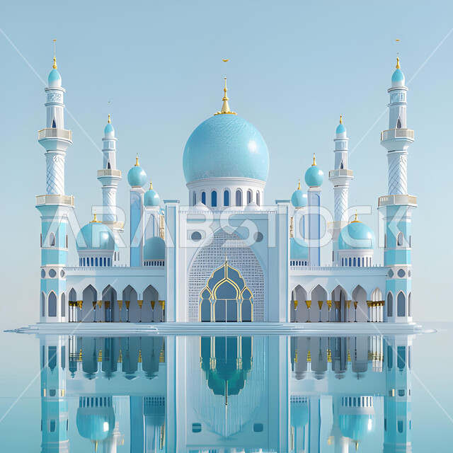 3D designs for domes and minarets in the modern Islamic style, the architectural art of a white mosque, worship and getting closer to God, inviting Muslims to pray and perform religious duties, a view of the clear blue sky