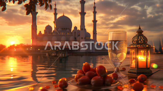 فانوس معدني تقليدي مضيء مع طبق من حبات التمر الطازجة وكأس من الماء، ومناسبات دينية، رمضانية روحانية، المساجد الاسلامية وقت غروب الشمس، لقدوم شهر الخير والبركة